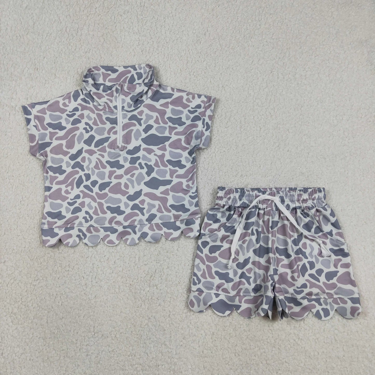Sibling Baby Girls Kids Short Sleeves Zipper Shirts Scallop Shorts Sets Clothes RTS