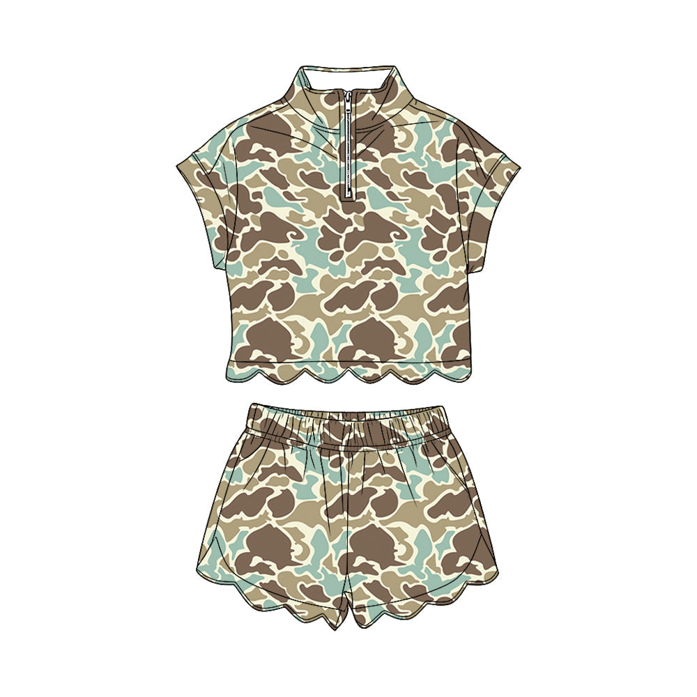 ( Moq 5 ) Preorder Baby Girls Kids Short Sleeves Green Camo Zipper Shirt Scallop Shorts Set Clothes