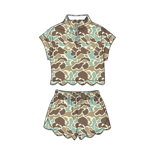 ( Moq 5 ) Preorder Baby Girls Kids Short Sleeves Green Camo Zipper Shirt Scallop Shorts Set Clothes