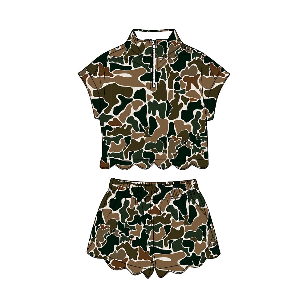 ( Moq 5 ) Preorder Baby Girls Kids Brown Green Camo Zipper Shirt Scallop Shorts Set Clothes