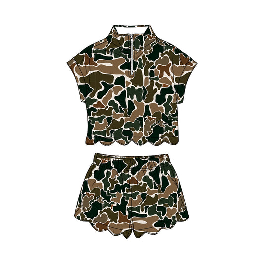 ( Moq 5 ) Preorder Baby Girls Kids Brown Green Camo Zipper Shirt Scallop Shorts Set Clothes