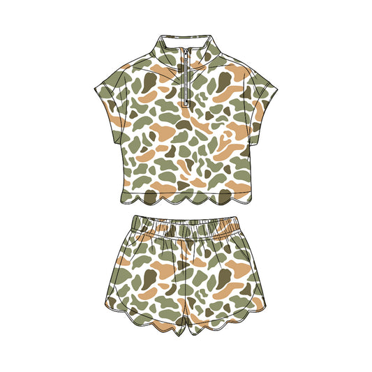 ( Moq 5 ) Preorder Baby Girls Kids Orange Green Camo Zipper Shirt Scallop Shorts Set Clothes