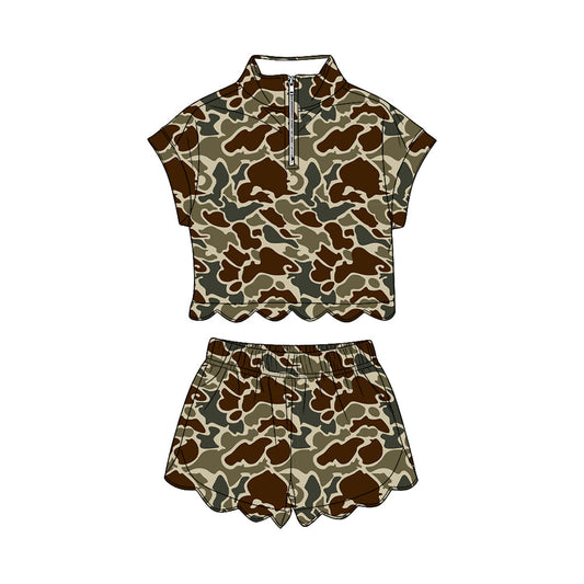 ( Moq 5 ) Preorder Baby Girls Kids Short Sleeves Camo Zipper Shirt Scallop Shorts Set Clothes
