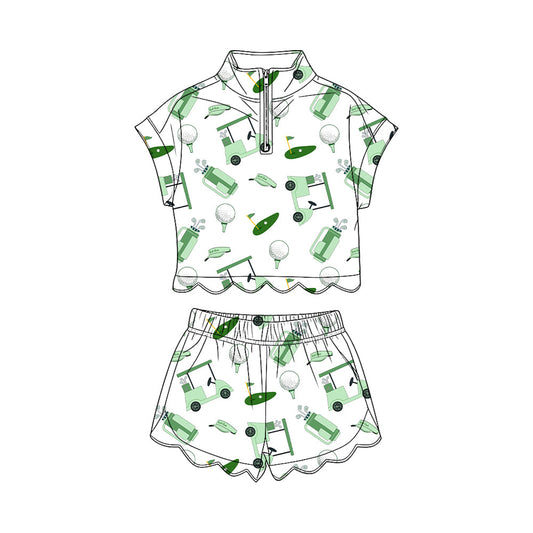 ( Moq 5 ) Preorder Baby Girls Short Sleeves Green Golf Zipper Shirt Scallop Shorts Set Clothes