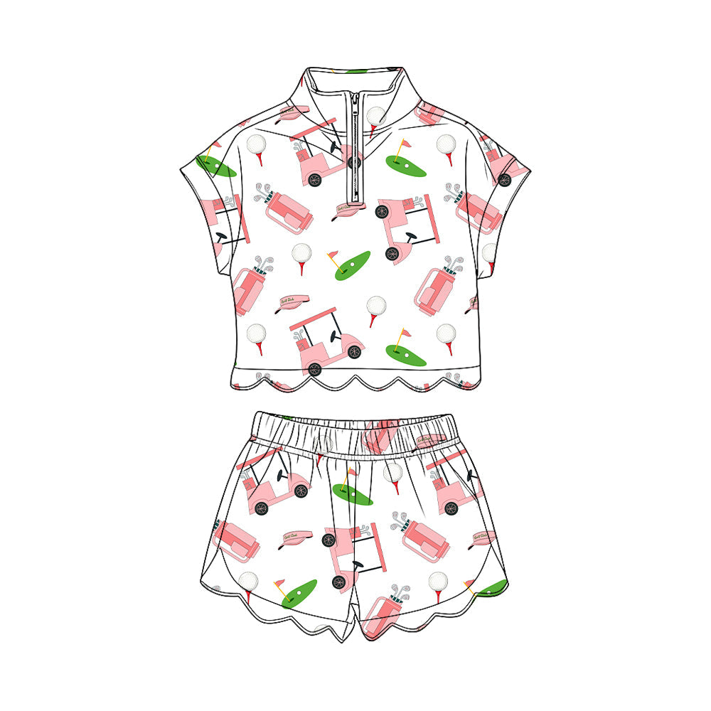 ( Moq 5 ) Preorder Baby Girls Short Sleeves Pink Golf Zipper Shirt Scallop Shorts Set Clothes