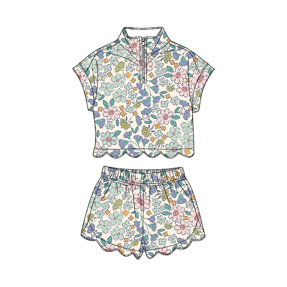( Moq 5 ) Preorder Baby Girls Toddler Short Sleeves Zipper Shirt Flower Scallop Shorts Set Clothes