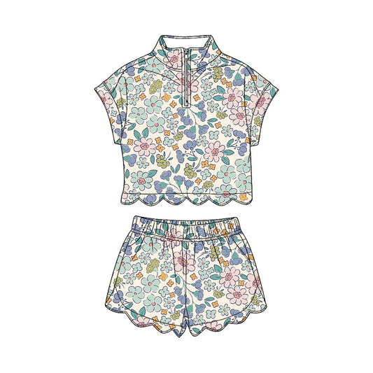 ( Moq 5 ) Preorder Baby Girls Toddler Short Sleeves Zipper Shirt Flower Scallop Shorts Set Clothes