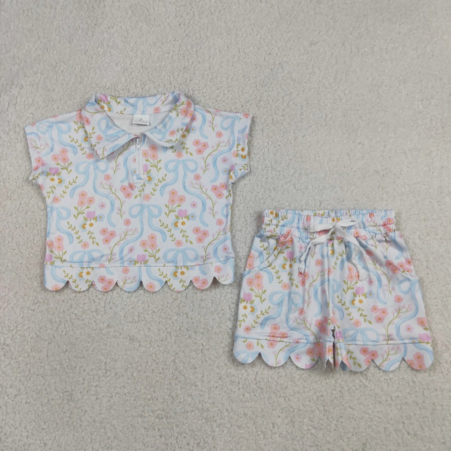 Sibling Baby Girls Kids Short Sleeves Zipper Shirts Scallop Shorts Sets Clothes RTS