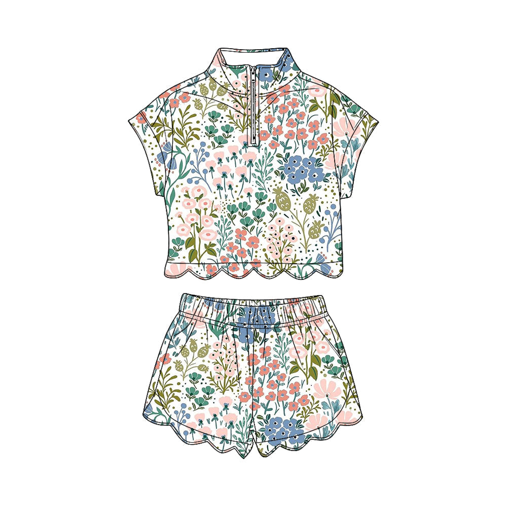 ( Moq 5 ) Preorder Baby Girls Kids Flower Short Sleeves Zipper Shirt Scallop Shorts Set Clothes