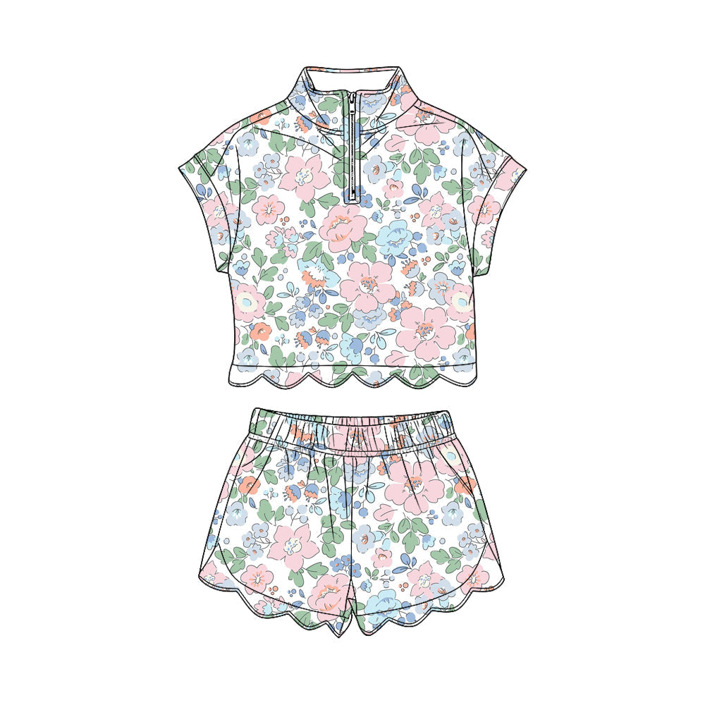 ( Moq 5 ) Preorder Baby Girls Kids Short Sleeves Zipper Shirt Scallop Shorts Set Flower Clothes
