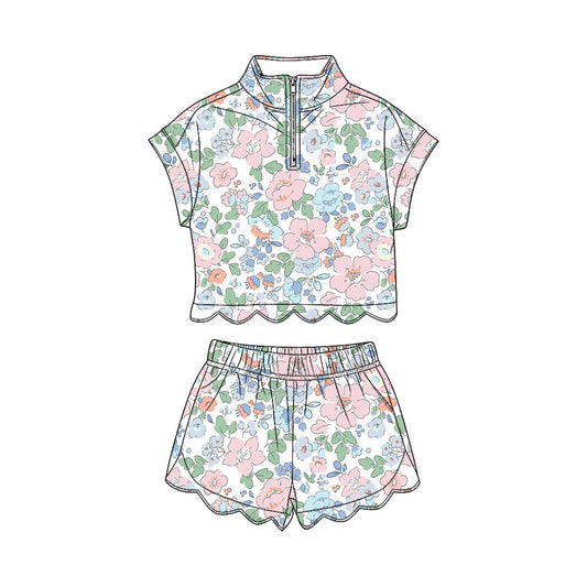 ( Moq 5 ) Preorder Baby Girls Kids Short Sleeves Zipper Shirt Scallop Shorts Set Flower Clothes