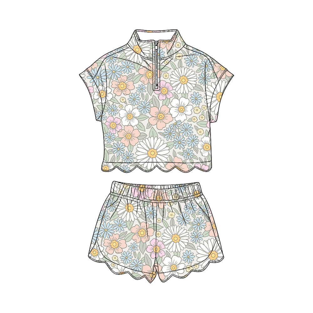 ( Moq 5 ) Preorder Baby Girls Kids Short Sleeves Zipper Shirt Flower Scallop Shorts Set Clothes