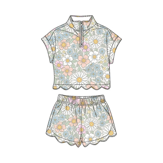 ( Moq 5 ) Preorder Baby Girls Kids Short Sleeves Zipper Shirt Flower Scallop Shorts Set Clothes
