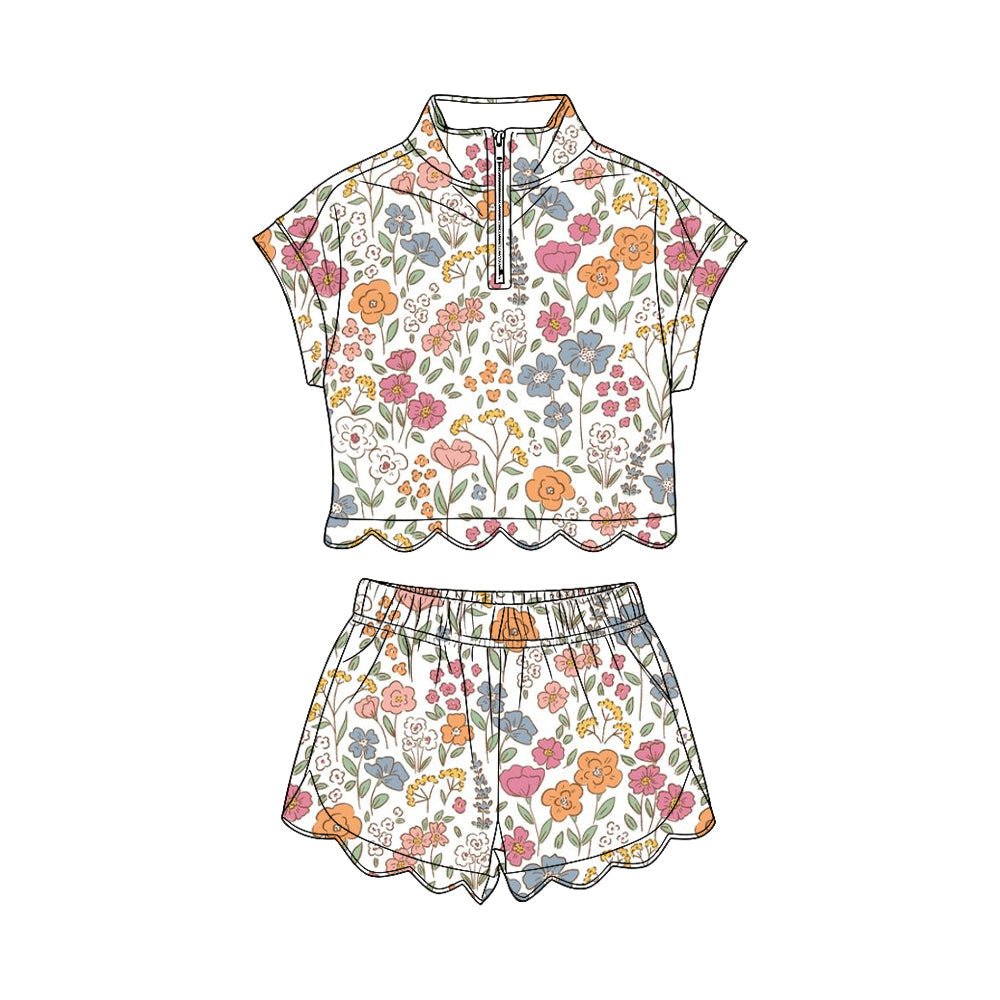 ( Moq 5 ) Preorder Baby Girls Kids Short Sleeves Flower Zipper Shirt Scallop Shorts Set Clothes