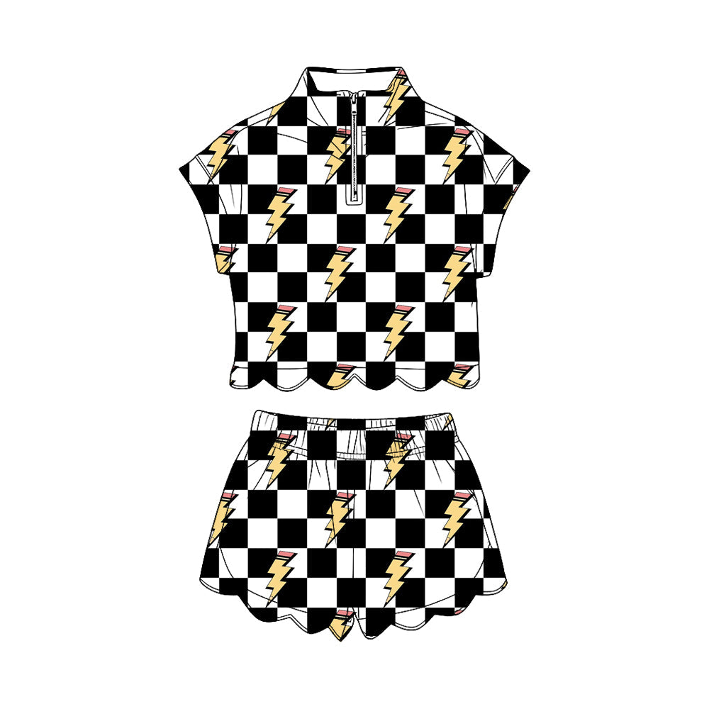 ( Moq 5 ) Preorder Baby Girls Pencil Zipper Shirt Scallop Black Checked Shorts Set Back to School Clothes