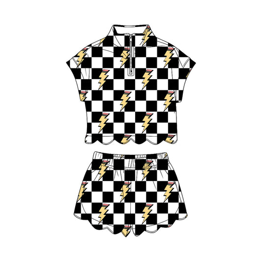 ( Moq 5 ) Preorder Baby Girls Pencil Zipper Shirt Scallop Black Checked Shorts Set Back to School Clothes