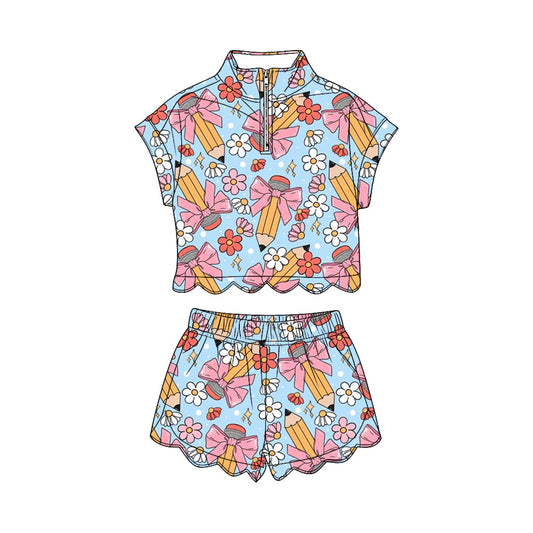 ( Moq 5 ) Preorder Baby Girls Pencil Bows Flower Zipper Shirt Scallop Shorts Set Back to School Clothes