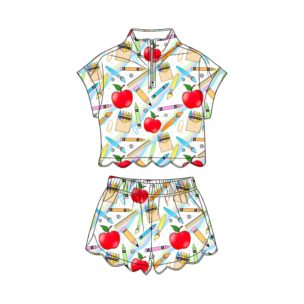 ( Moq 5 ) Preorder Baby Girls Pencil Apple Zipper Shirt Scallop Shorts Set Back to School Clothes