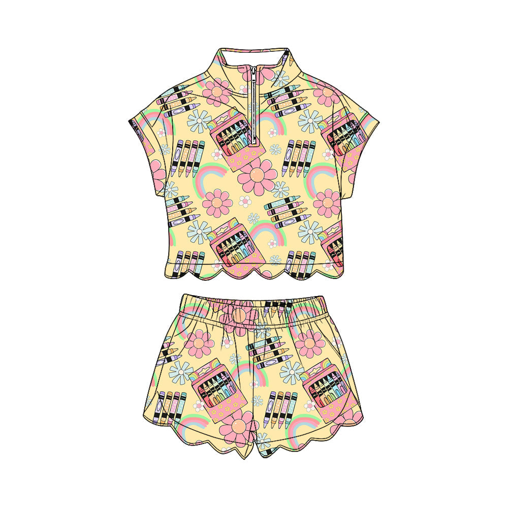 ( Moq 5 ) Preorder Baby Girls Kids Pencil Flower Zipper Shirt Scallop Shorts Set Back to School Clothes