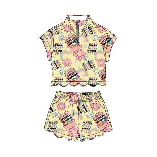 ( Moq 5 ) Preorder Baby Girls Kids Pencil Flower Zipper Shirt Scallop Shorts Set Back to School Clothes