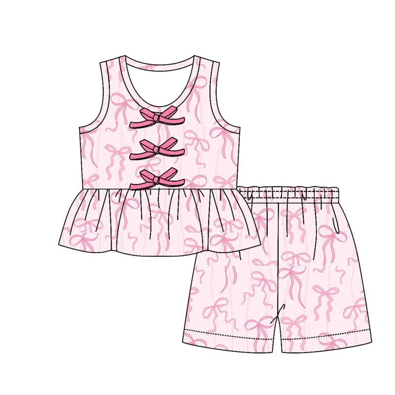 ( Moq 5 ) Preorder Baby Girls Kids Sleeveless Pink Bows Tunic Shorts Set Summer Clothes