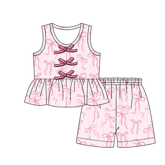 ( Moq 5 ) Preorder Baby Girls Kids Sleeveless Pink Bows Tunic Shorts Set Summer Clothes