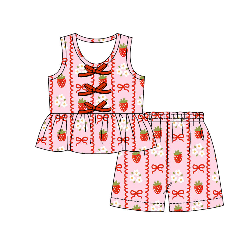 ( Moq 5 ) Preorder Baby Girls Kids Sleeveless Bows Strawberry Tunic Shorts Set Summer Clothes