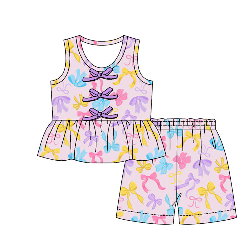 ( Moq 5 ) Preorder Baby Girls Kids Sleeveless Colorful Bows Tunic Shorts Set Summer Clothes