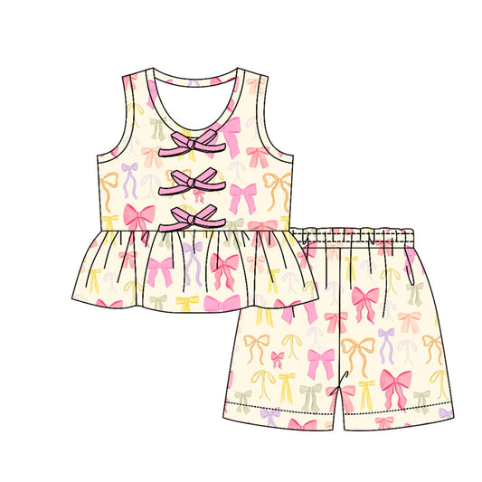 ( Moq 5 ) Preorder Baby Girls Kids Sleeveless Bows Tunic Shorts Yellow Set Summer Clothes