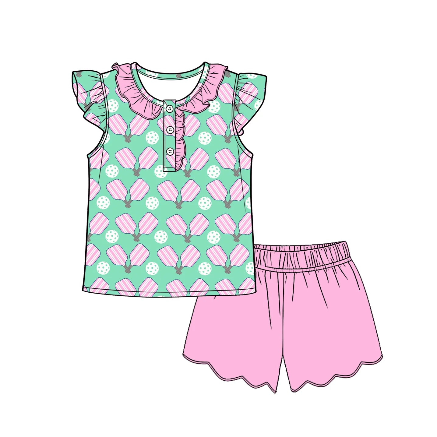 ( Moq 5 ) Preorder Baby Girls Kids Short Sleeves Tunic Shirt Pink Scallop Shorts Set Clothes