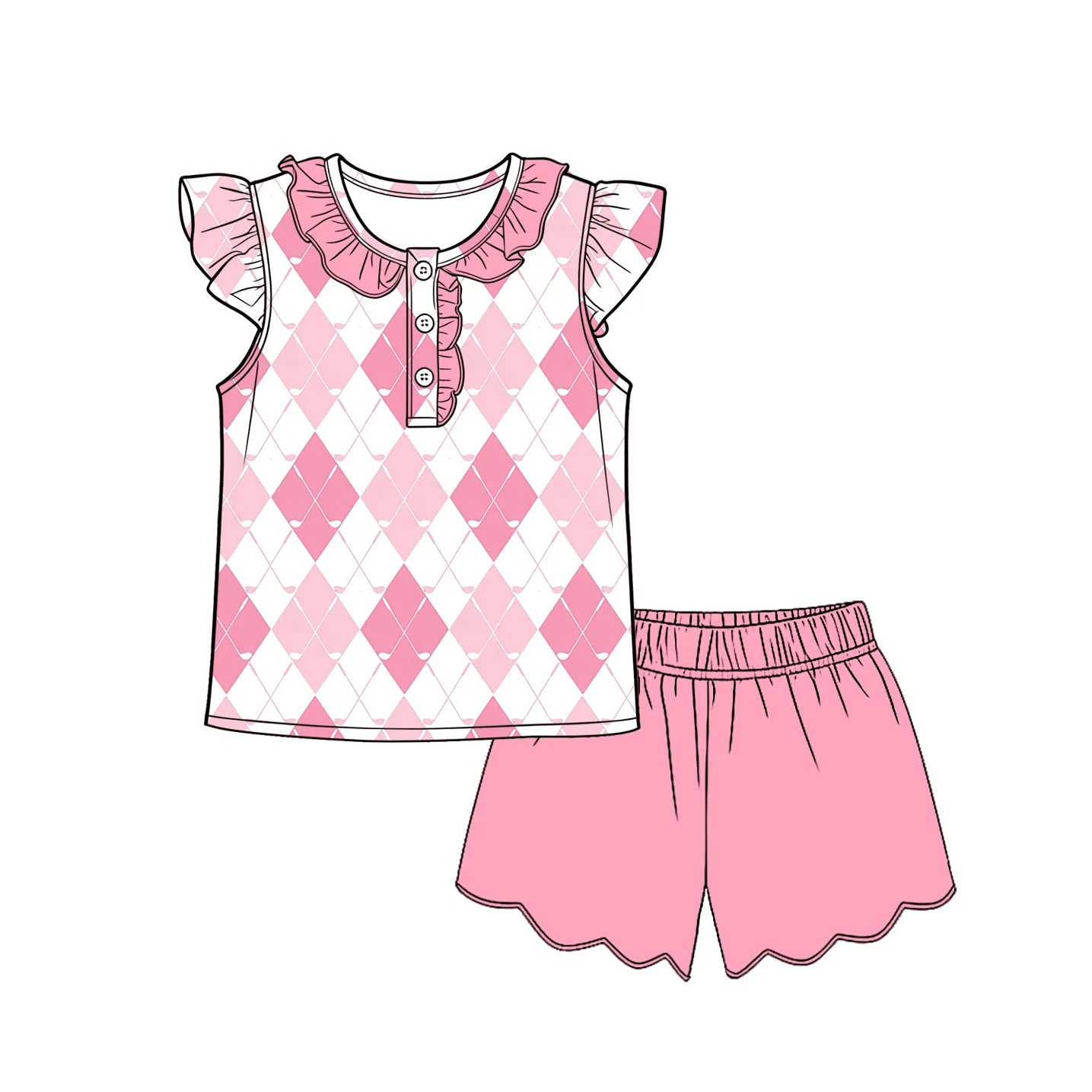 ( Moq 5 ) Preorder Baby Girls Kids Short Sleeves Pink Plaid Golf Shirt Scallop Shorts Set Clothes