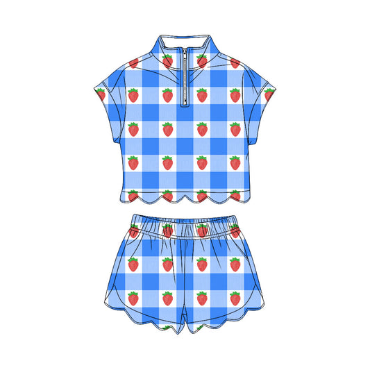 ( Moq 5 ) Preorder Baby Girls Kids Strawberry Plaid Zipper Shirt Scallop Shorts Set 4th of July Clothes