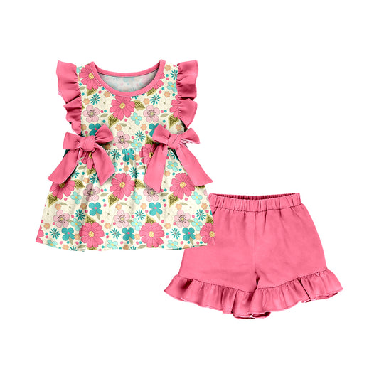( Moq 5 )  Preorder Baby Girl Short Sleeves Bows Flower Tunic Pink Ruffle Shorts Set Summer Clothes