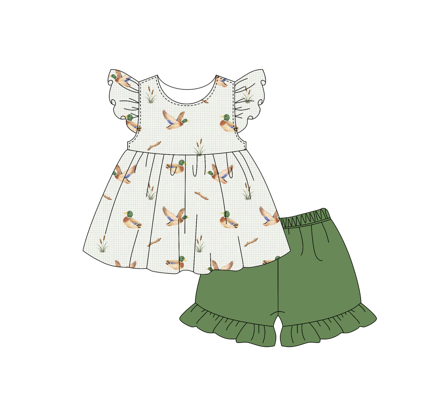 ( Moq 5 )  Preorder Baby Girl Short Sleeves Ducks Tunic Green Ruffle Shorts Set Summer Clothes