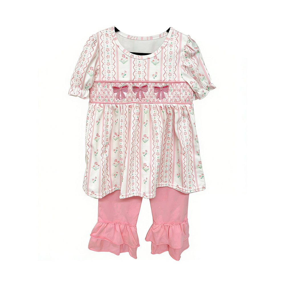 ( Moq 5 ) Preorder Baby Girls Kids Short Sleeves Bows Floral Tops Pink Ruffle Shorts Set Clothes