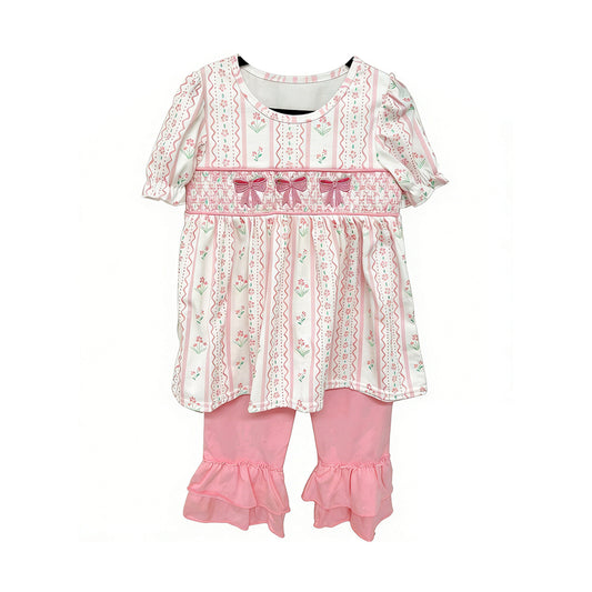 ( Moq 5 ) Preorder Baby Girls Kids Short Sleeves Bows Floral Tops Pink Ruffle Shorts Set Clothes