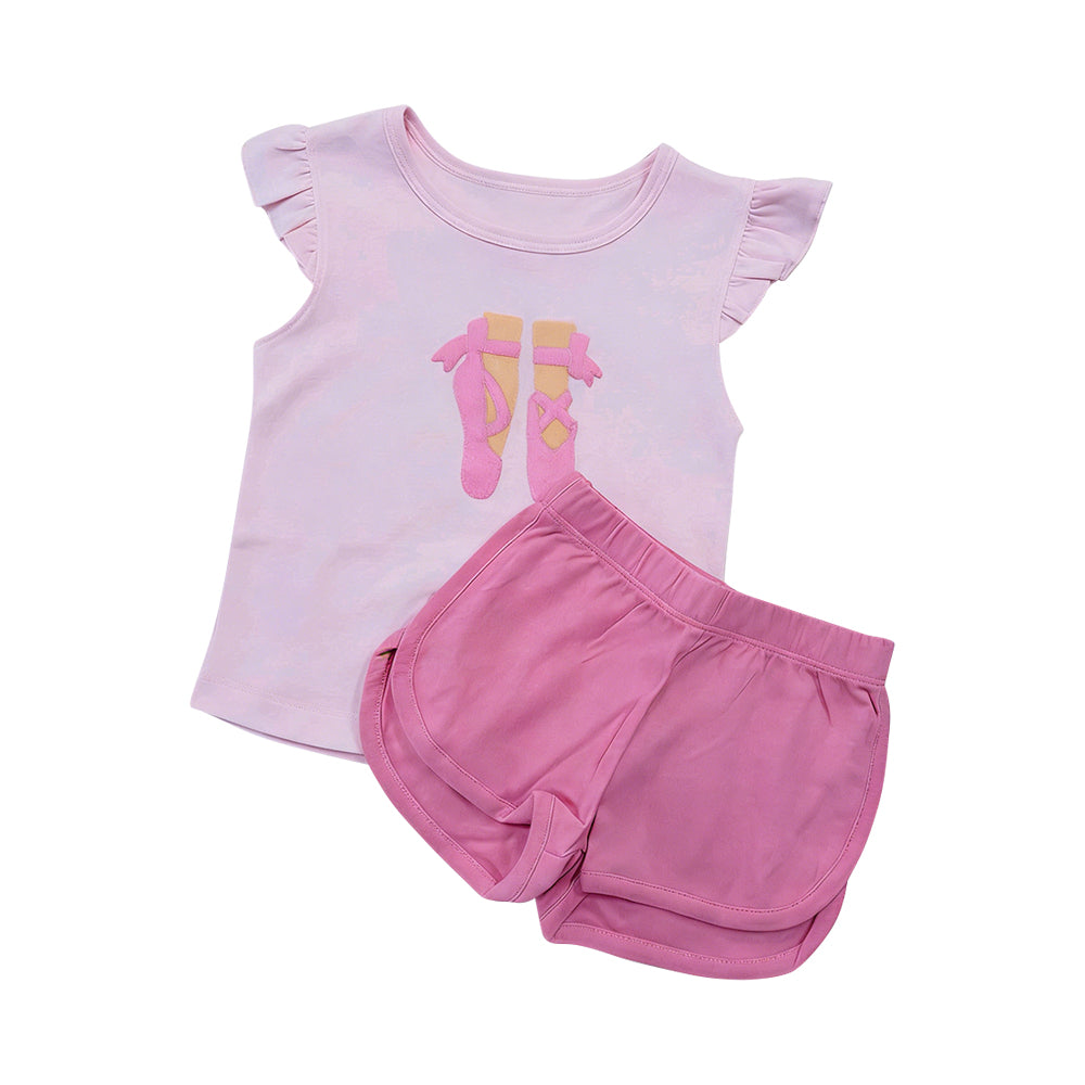 ( Moq 5 )  Preorder Baby Girls Kids Short Sleeves Shoes Shirt Pink Shorts Set Summer Clothes