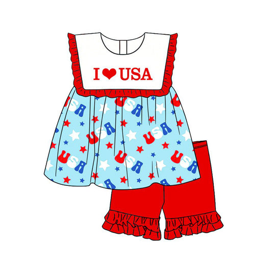 ( Moq 5 ) Preorder Baby Girls Kids I Love USA Tunic Red Shorts Set 4th of July Clothes