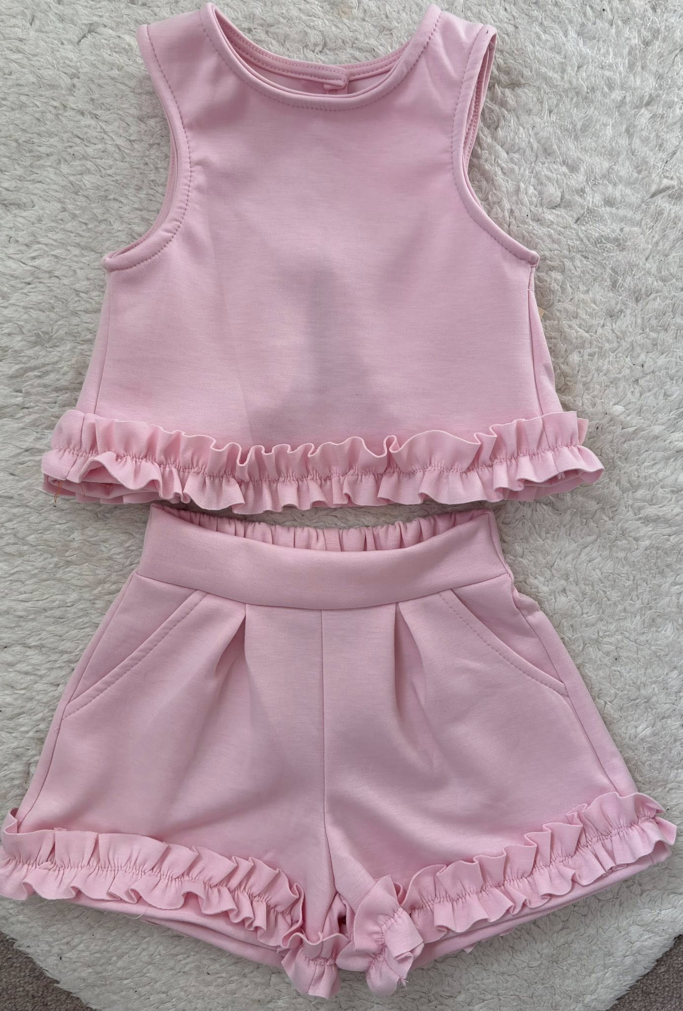 ( Moq 5 ) Preorder Baby Girls Kids Sleeveless Pink Ruffle Tops Pockets Shorts Cotton Set Summer Clothes