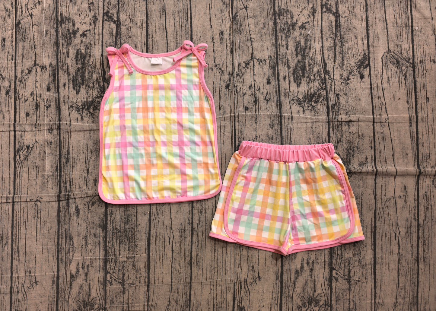 ( No moq ) Preorder Baby Girl Kids Pink Bows Sleeveless Plaid Tops Shorts Set Summer Clothes