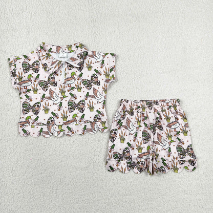 Sibling Baby Girls Kids Ducks Camo Bows Hunting Romper Set Summer Clothes RTS