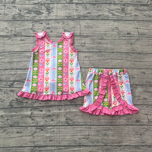 ( No moq ) Preorder Baby Girl Kids Flower Pink Ruffle Tops Shorts Set Summer Clothes