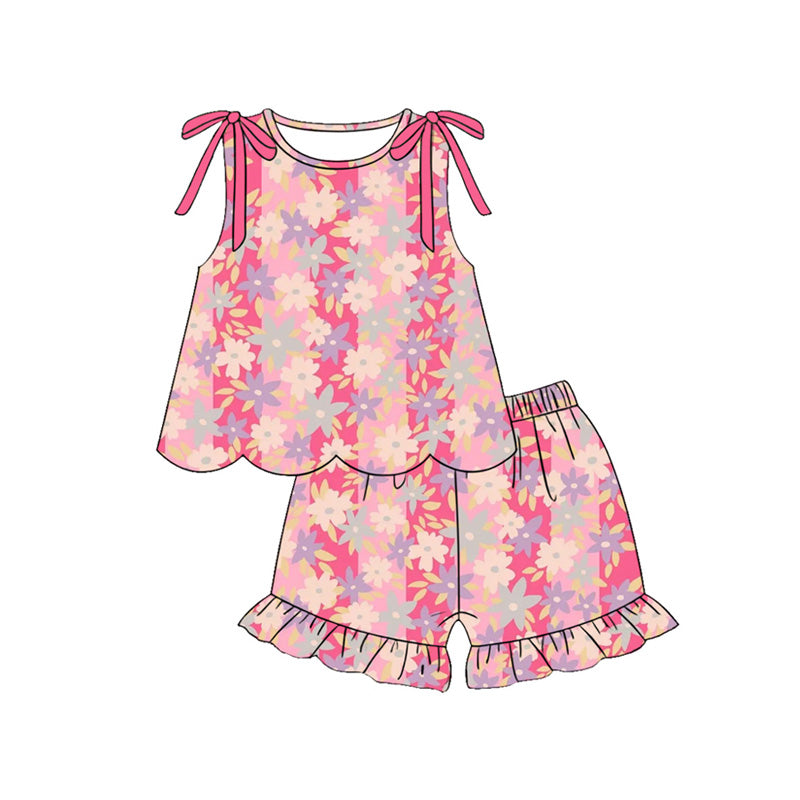 ( Moq 5 ) Preorder Baby Girls Kids Flower Bows Tops Ruffle Shorts Set Summer Clothes