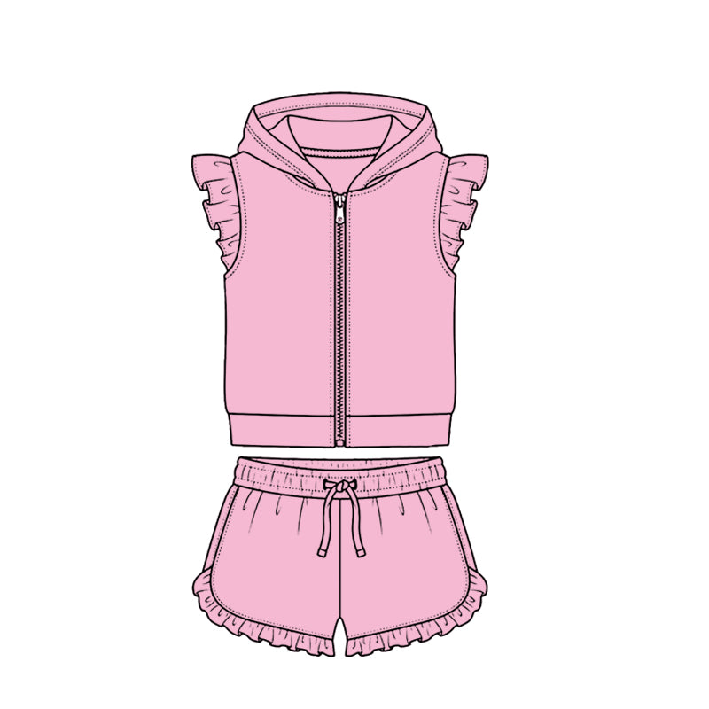 ( Moq 5 ) Preorder Baby Girls Kids Short Sleeves Zipper Hoodie Tops Ruffle Shorts Cotton Set Pink Clothes