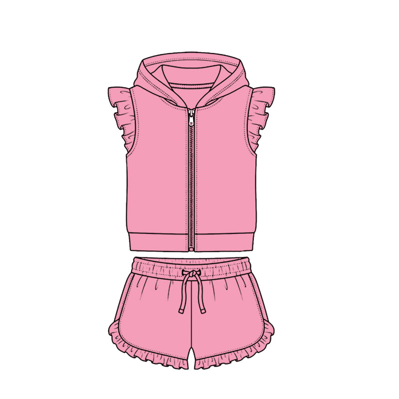 ( Moq 5 ) Preorder Baby Girls Kids Short Sleeves Zipper Hoodie Pink Tops Ruffle Shorts Cotton Set Clothes