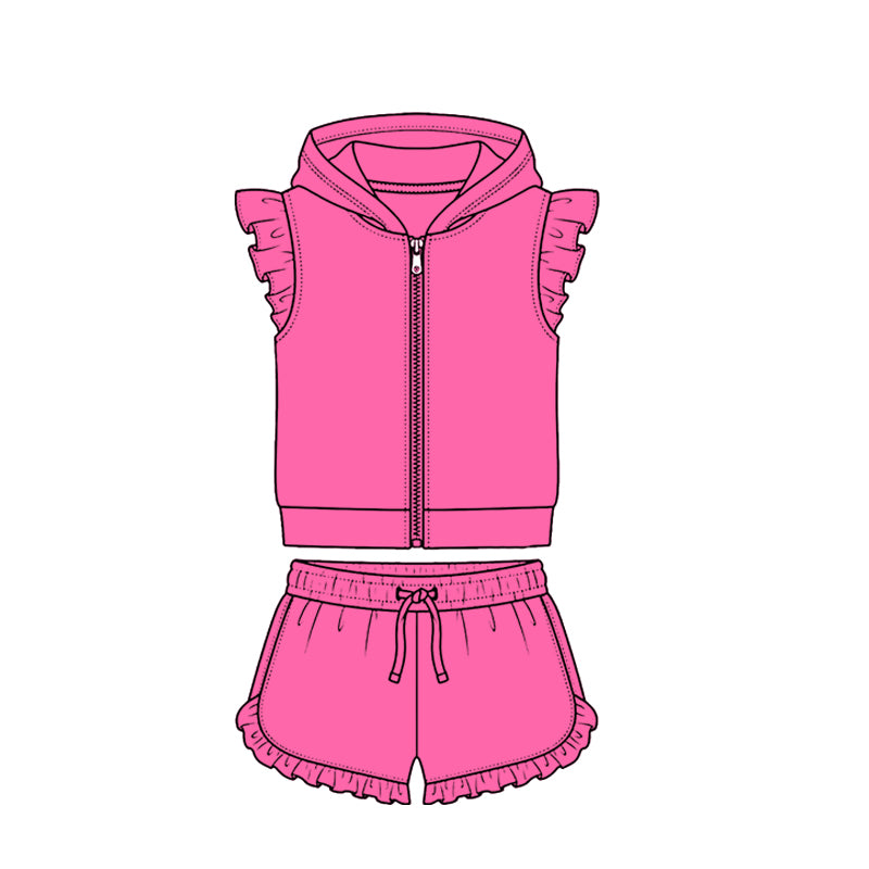 ( Moq 5 ) Preorder Baby Girls Kids Short Sleeves Zipper Hoodie Hot Pink Tops Ruffle Shorts Cotton Set Clothes