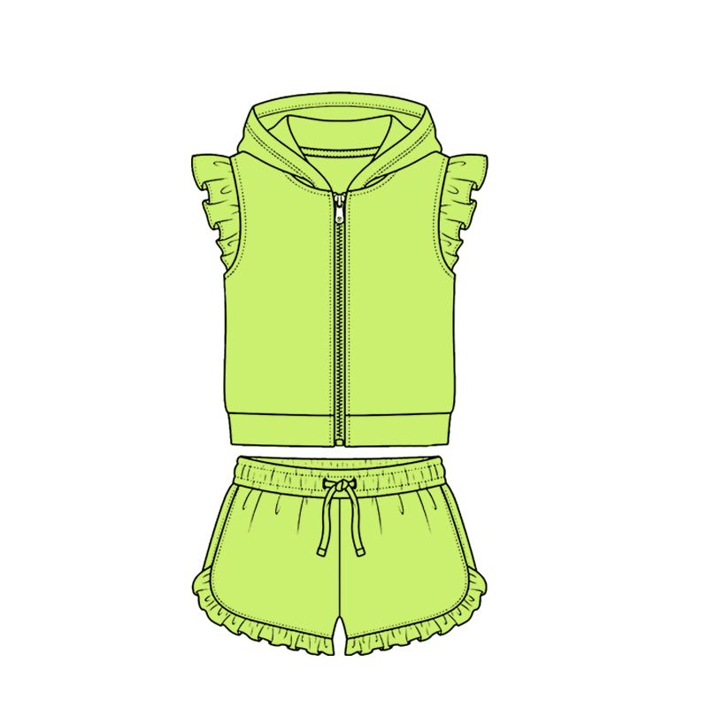 ( Moq 5 ) Preorder Baby Girls Kids Short Sleeves Zipper Hoodie Green Tops Ruffle Shorts Cotton Set Clothes