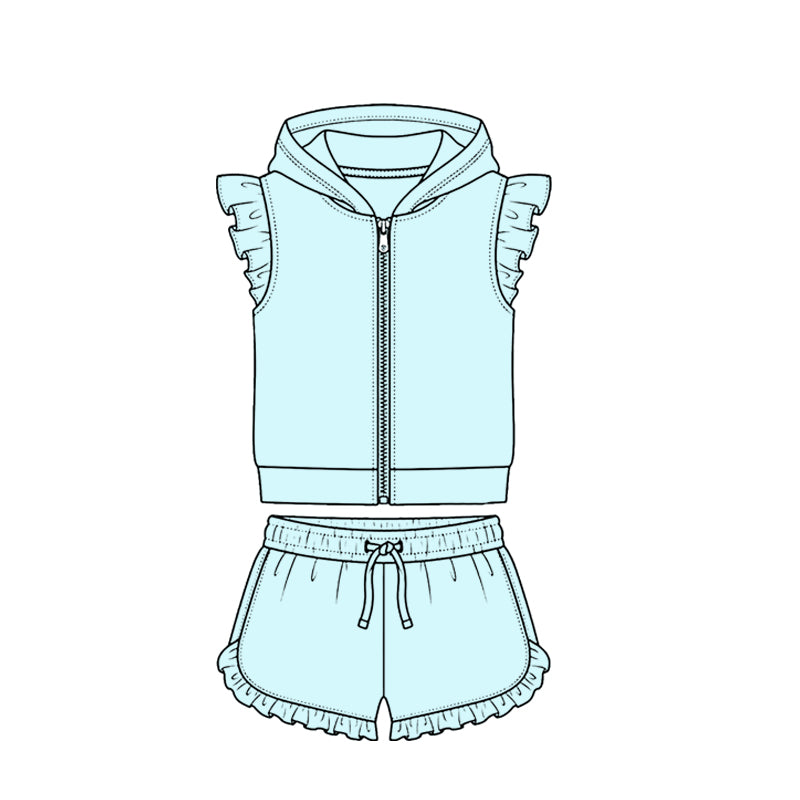 ( Moq 5 ) Preorder Baby Girls Kids Short Sleeves Zipper Hoodie Light Blue Tops Ruffle Shorts Cotton Set Clothes