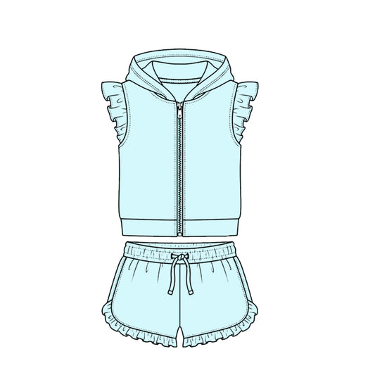 ( Moq 5 ) Preorder Baby Girls Kids Short Sleeves Zipper Hoodie Light Blue Tops Ruffle Shorts Cotton Set Clothes