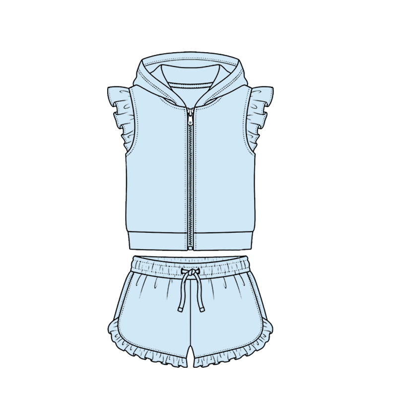 ( Moq 5 ) Preorder Baby Girls Kids Short Sleeves Zipper Hoodie Tops Ruffle Shorts Cotton Blue Set Clothes